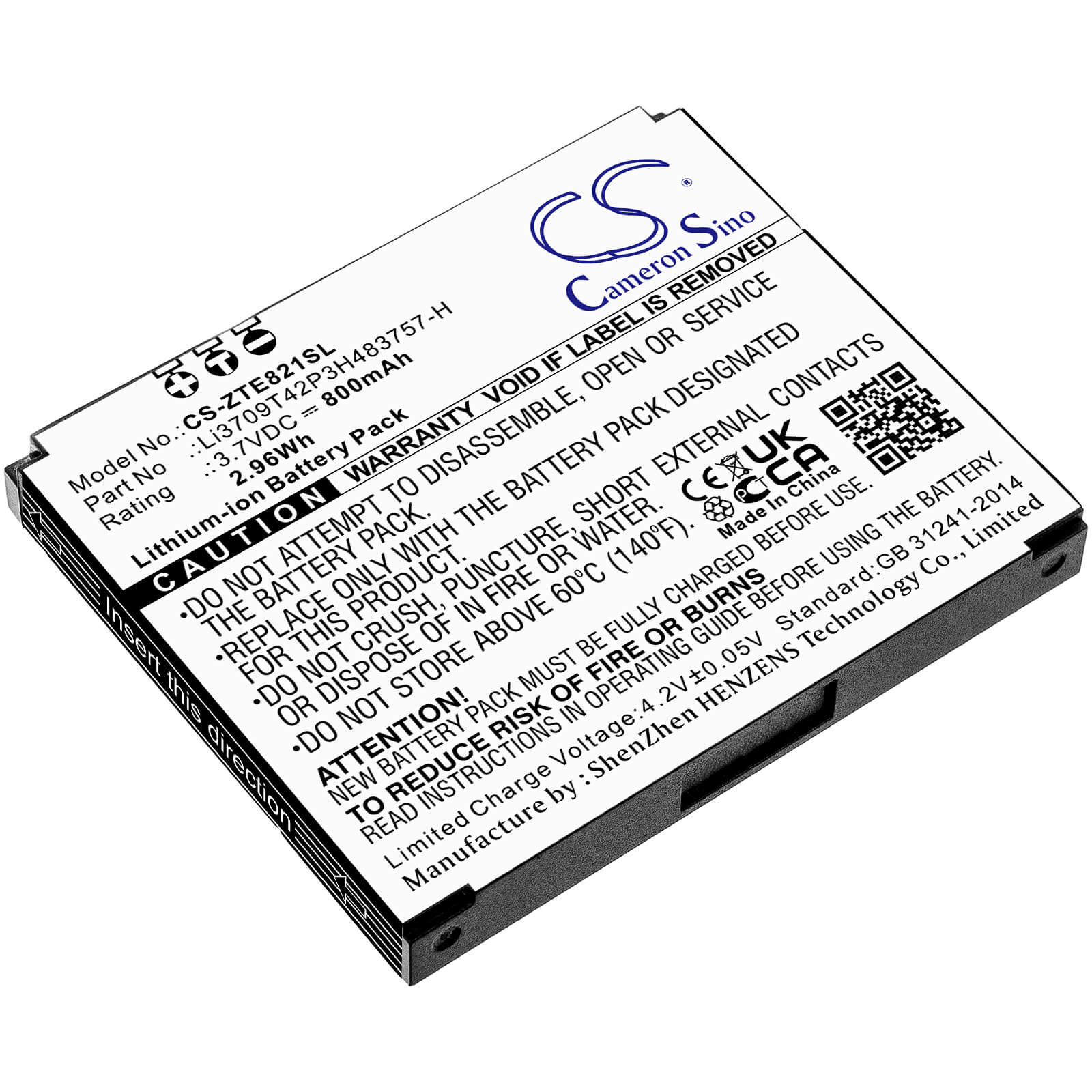 3.7V, 800mAh, Li-ion Battery fits Zte, E821, 2.96Wh