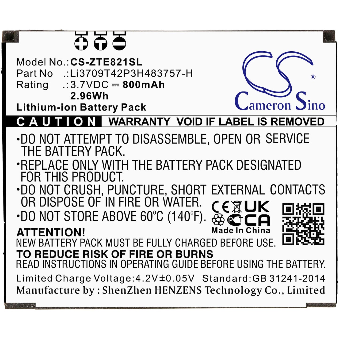 3.7V, 800mAh, Li-ion Battery fits Zte, E821, 2.96Wh