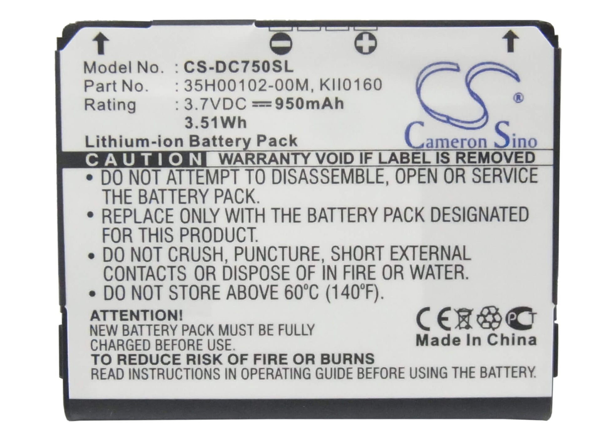 3.7V, 950mAh, Li-ion Battery fits Dopod, C750, 3.515Wh