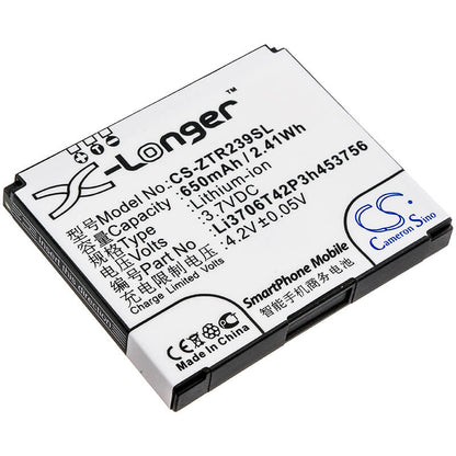 3.7V, 650mAh, Li-ion Battery fits Zte, R239, 2.405Wh