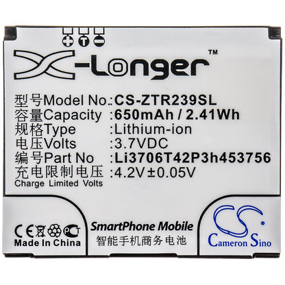3.7V, 650mAh, Li-ion Battery fits Zte, R239, 2.405Wh