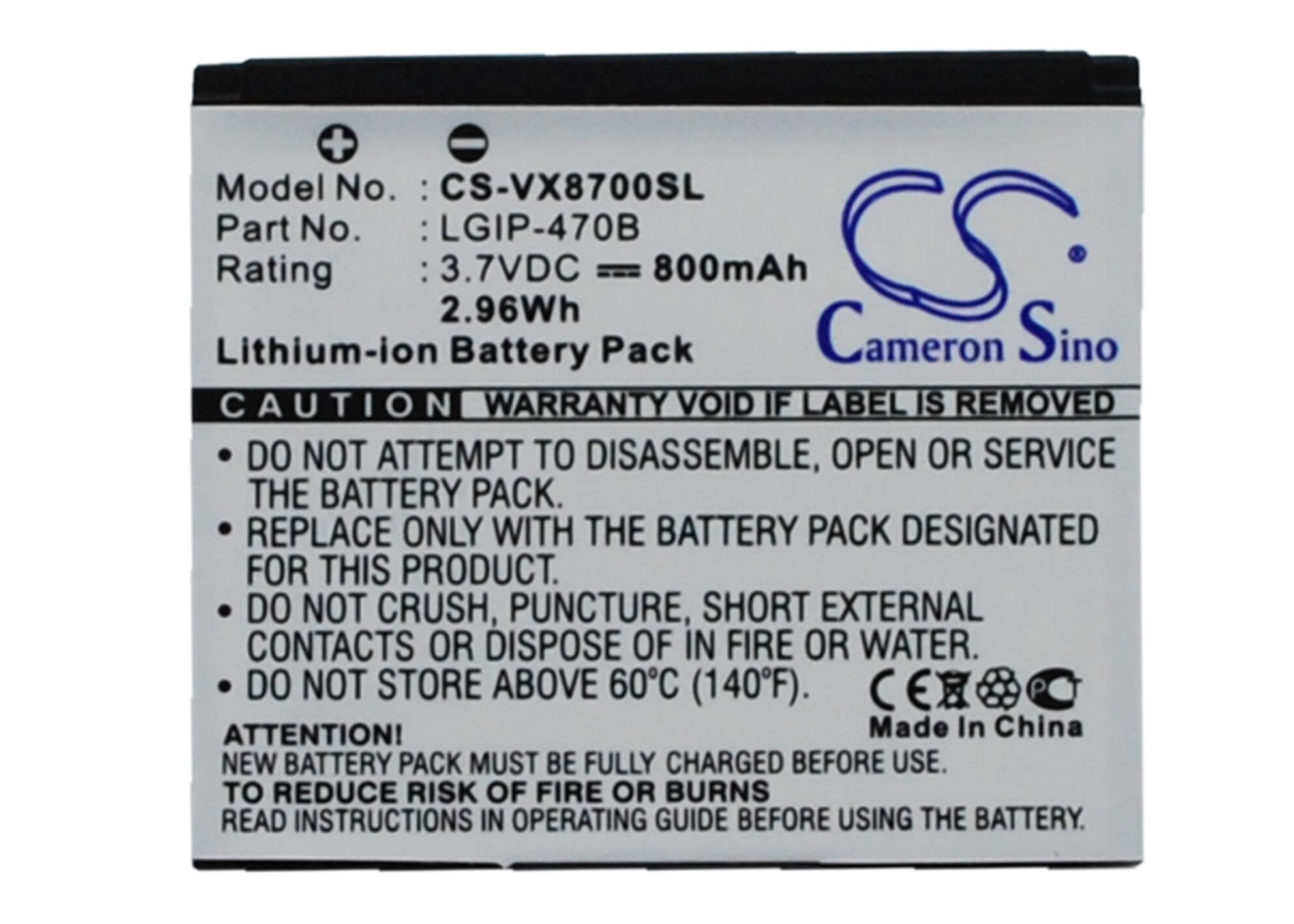 3.7V, 800mAh, Li-ion Battery fits Verizon, Vx8700, 2.96Wh