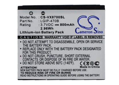3.7V, 800mAh, Li-ion Battery fits Verizon, Vx8700, 2.96Wh