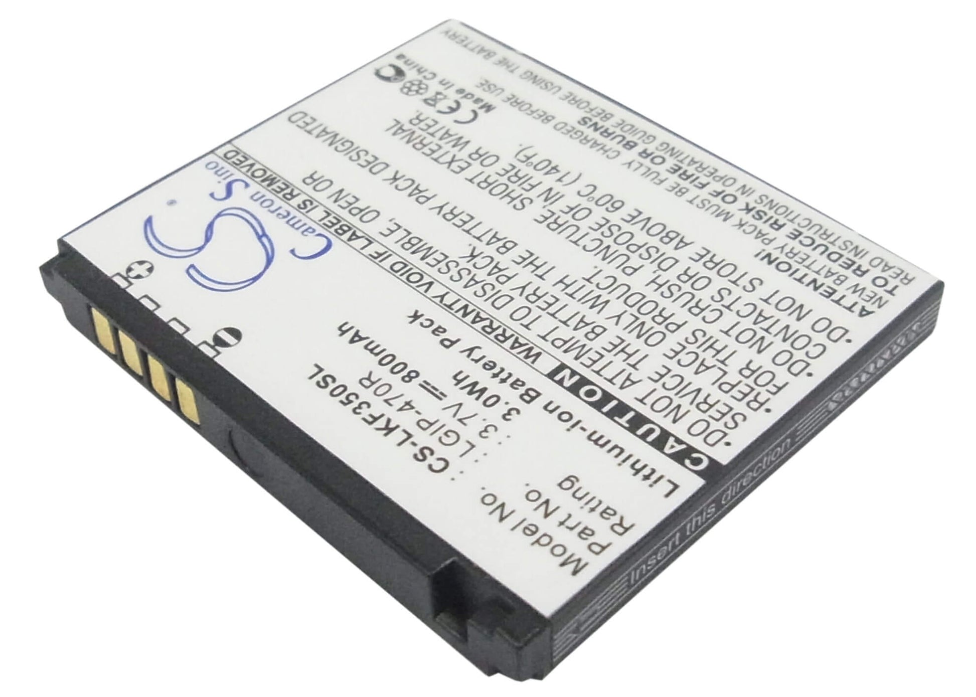 3.7V, 800mAh, Li-ion Battery fits Lg, Kf350, Kf350 Ice Cream, 2.96Wh