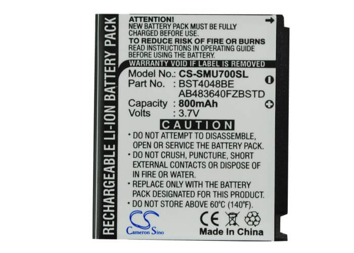 3.7V, 800mAh, Li-ion Battery fits Samsung, Gt-s5230, Gt-s5230 Star, 2.96Wh