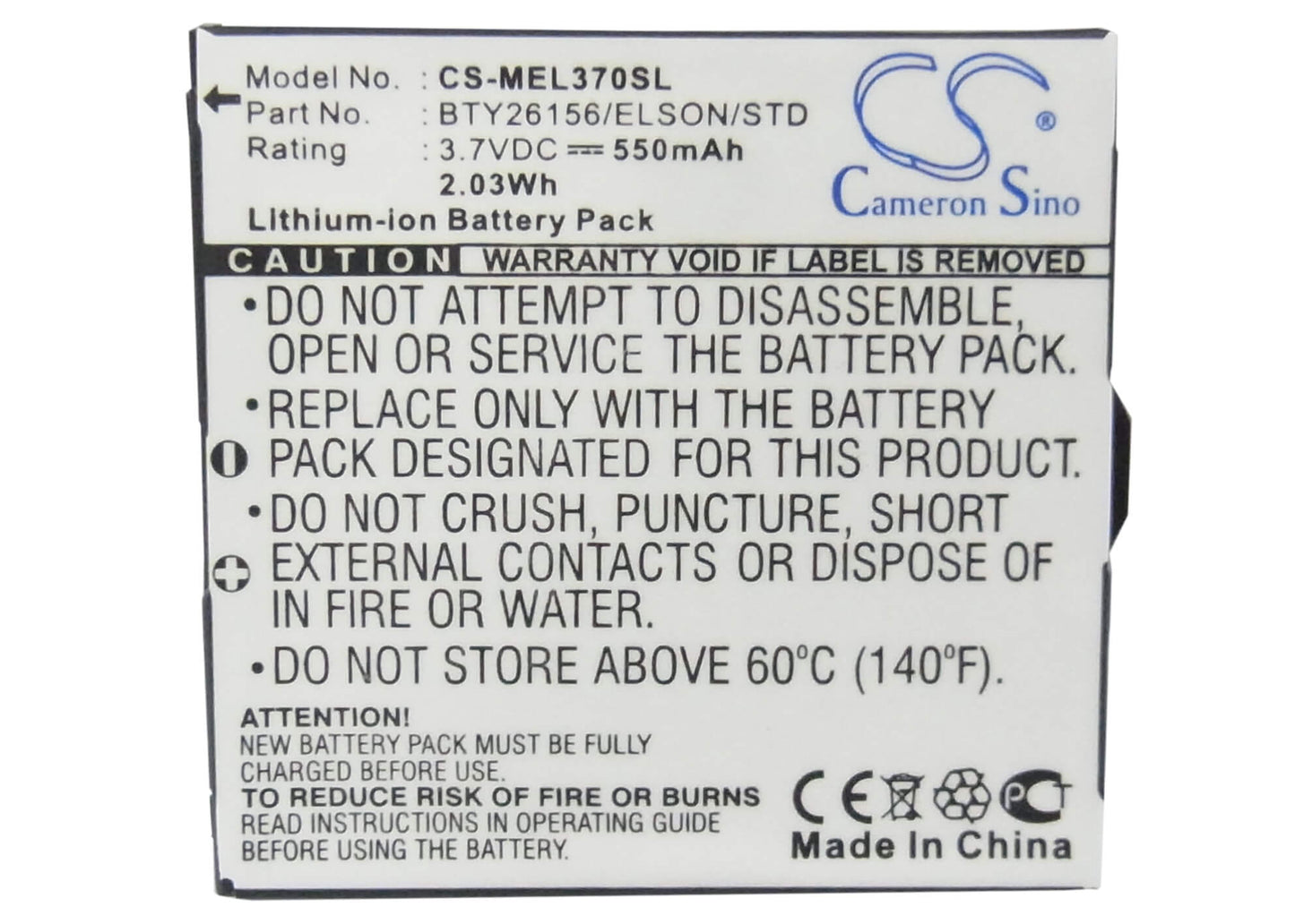 3.7V, 550mAh, Li-ion Battery fits Elson, El370, Mobilfunk, 2.035Wh