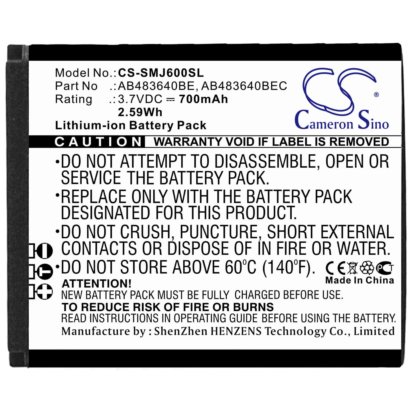 3.7V, 700mAh, Li-ion Battery fits Samsung, B3210 Corby Txt, Corby Txt, 2.59Wh