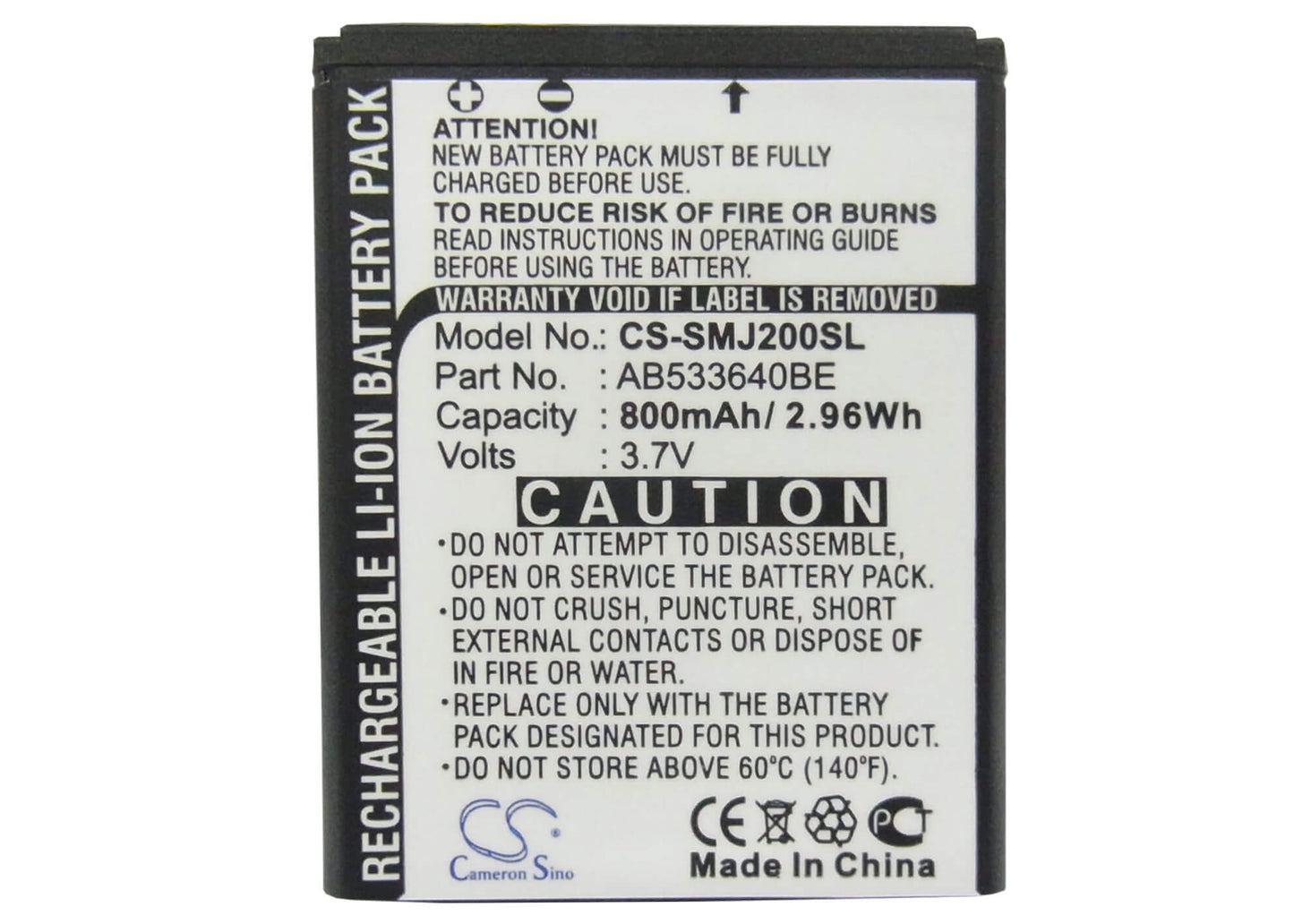 3.7V, 800mAh, Li-ion Battery fits Samsung, Sgh-j200, 2.96Wh