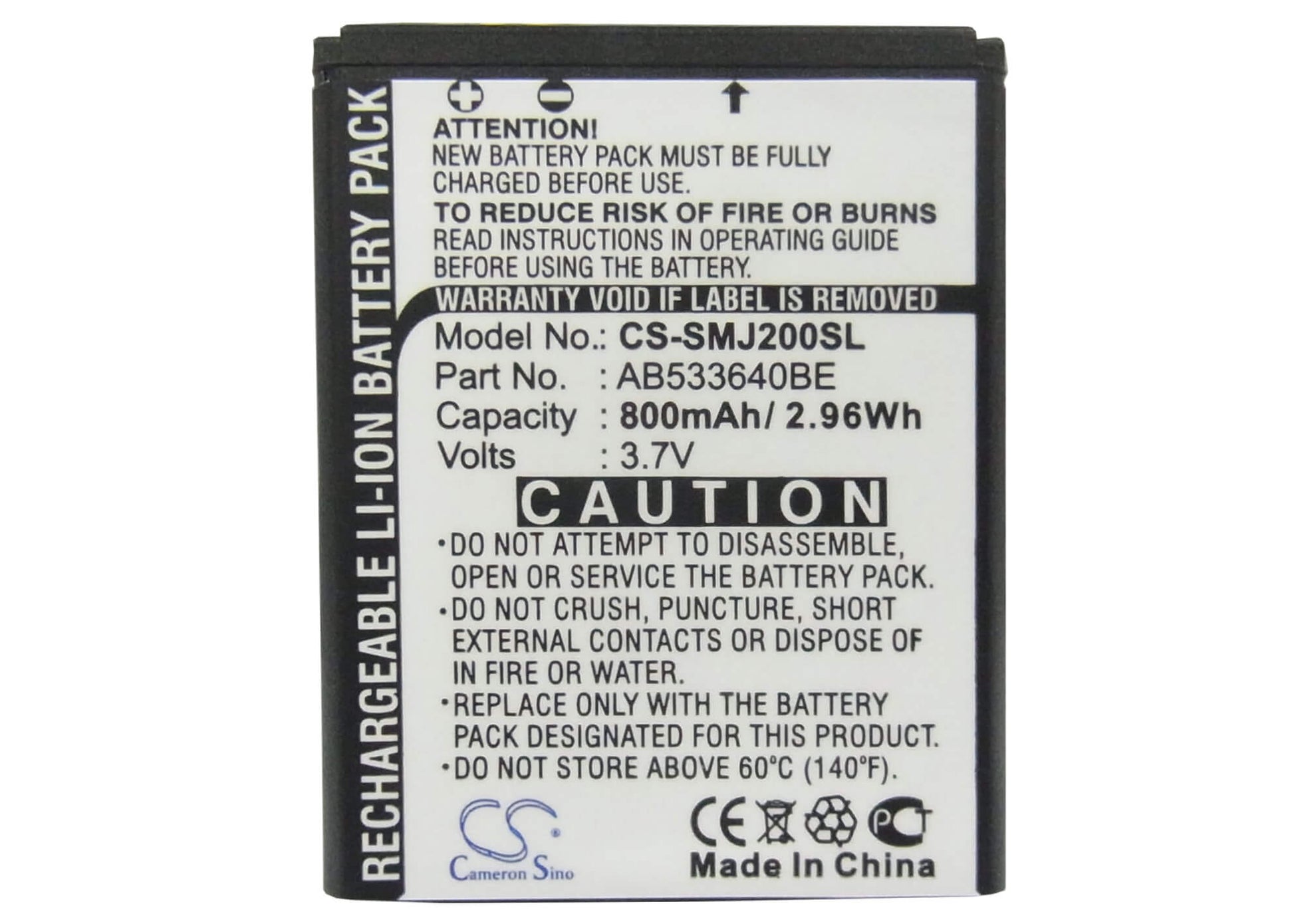 3.7V, 800mAh, Li-ion Battery fits Samsung, Sgh-j200, 2.96Wh