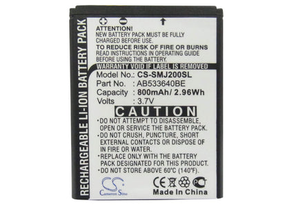 3.7V, 800mAh, Li-ion Battery fits Samsung, Sgh-j200, 2.96Wh