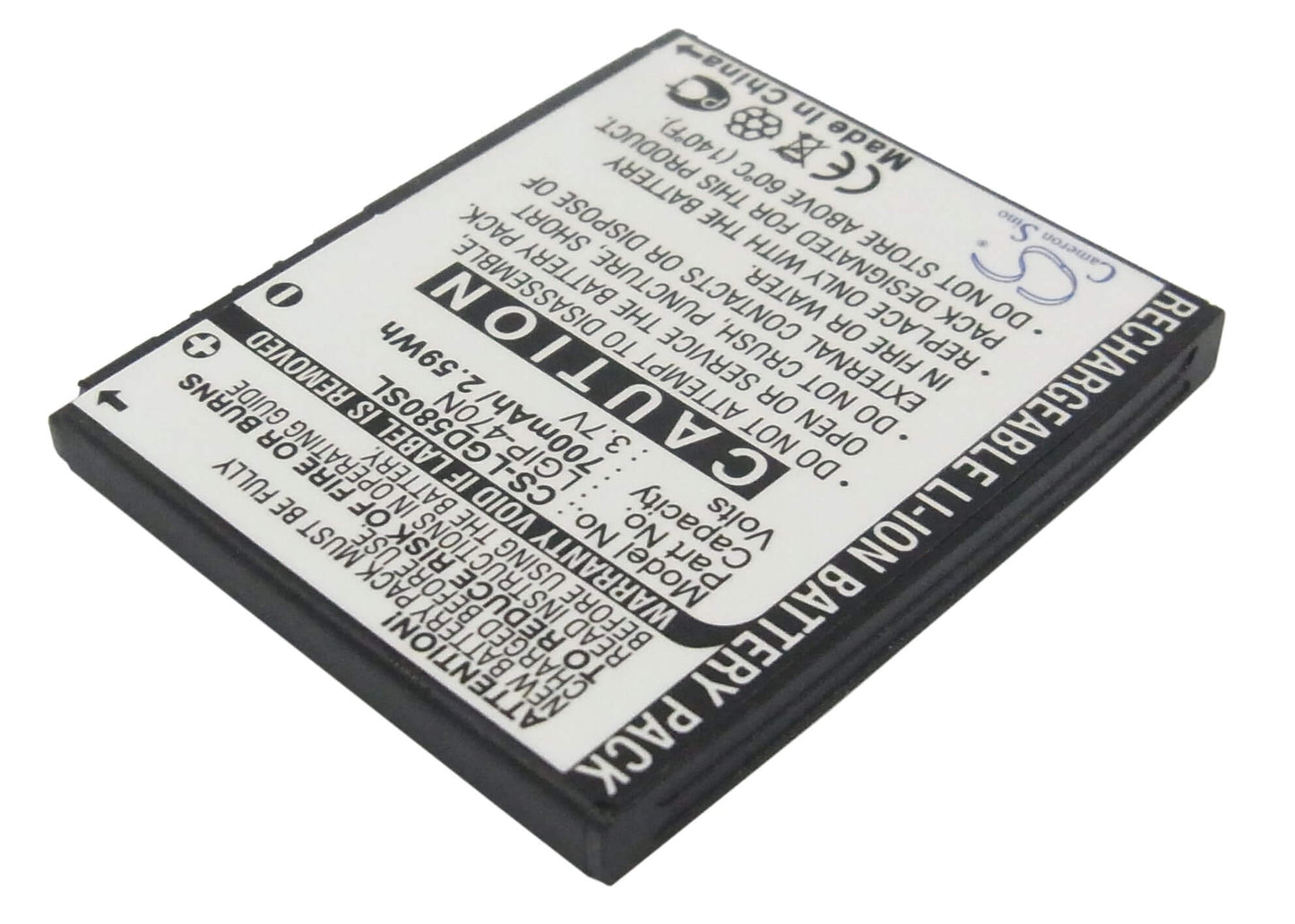 3.7V, 700mAh, Li-ion Battery fits Lg, Gd580, Gd580 Lollitop, 2.59Wh