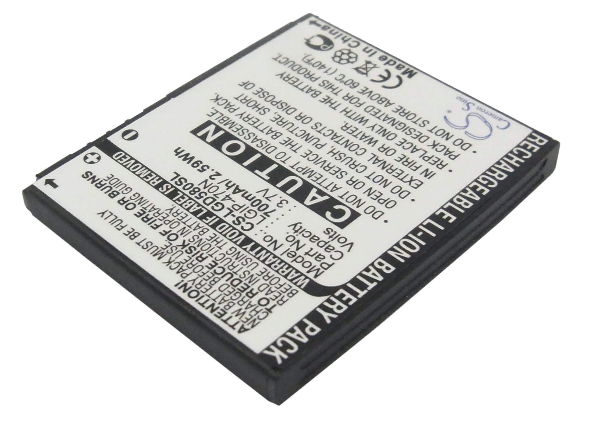 3.7V, 700mAh, Li-ion Battery fits Lg, Gd580, Gd580 Lollitop, 2.59Wh