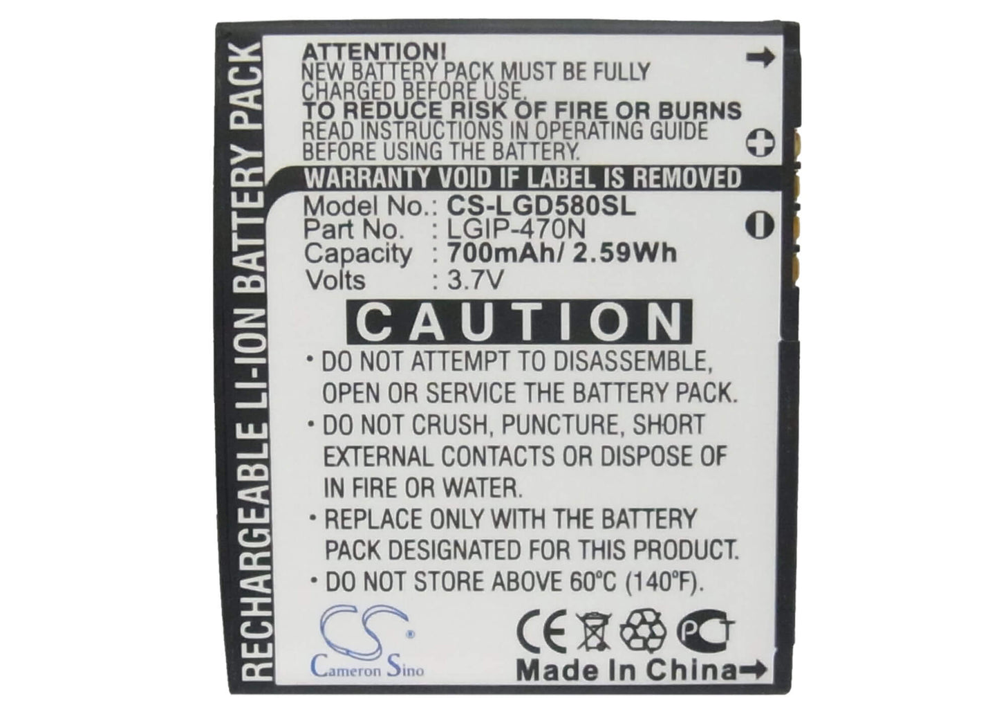 3.7V, 700mAh, Li-ion Battery fits Lg, Gd580, Gd580 Lollitop, 2.59Wh