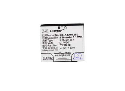 3.7V, 850mAh, Li-ion Battery fits K-touch, A912, A915, 3.145Wh