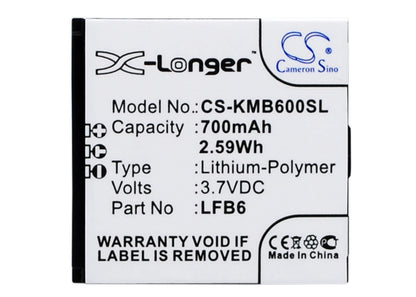 3.7V, 700mAh, Li-ion Battery fits Kazam, Life B6, 2.59Wh
