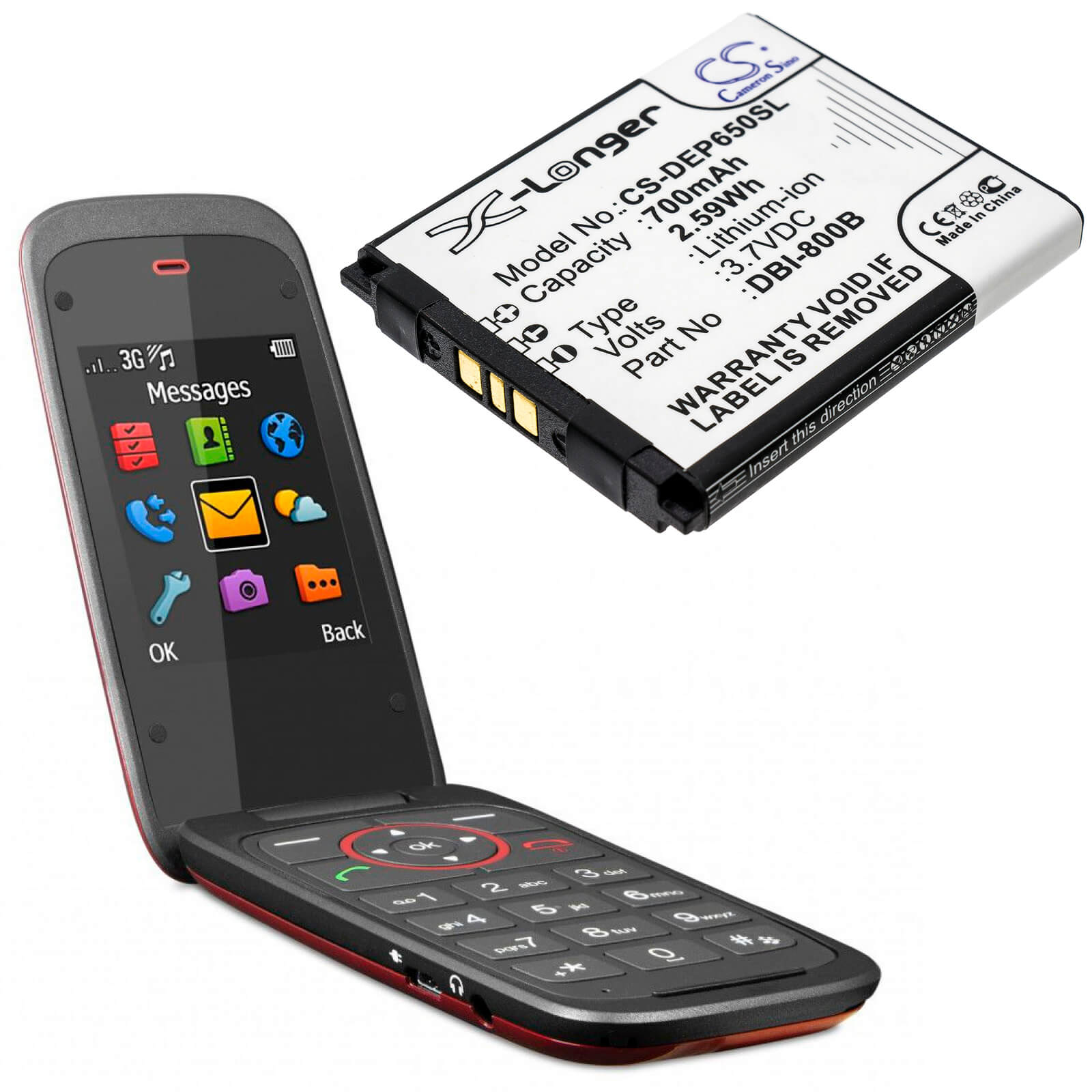 3.7V, 700mAh, Li-ion Battery fits Doro, Liberto 650, Secure 580, 2.59Wh