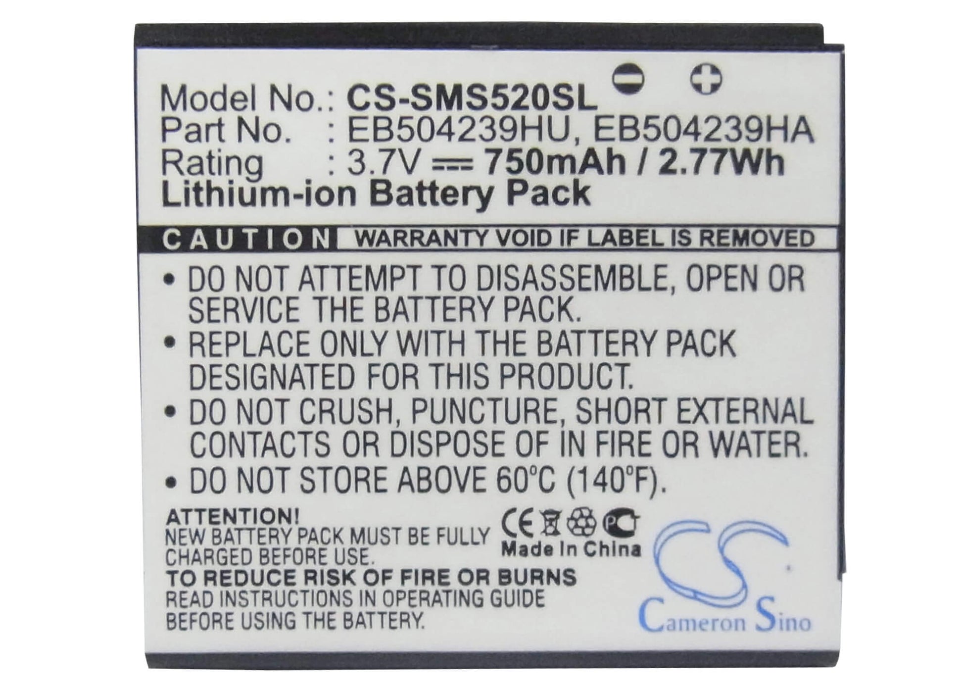 3.7V, 750mAh, Li-ion Battery fits Samsung, Gt-s5200, Gt-s5200c, 2.775Wh