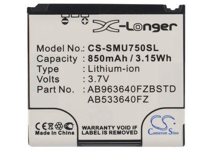 3.7V, 850mAh, Li-ion Battery fits Samsung, Alias 2, Alias 2 U750, 3.145Wh