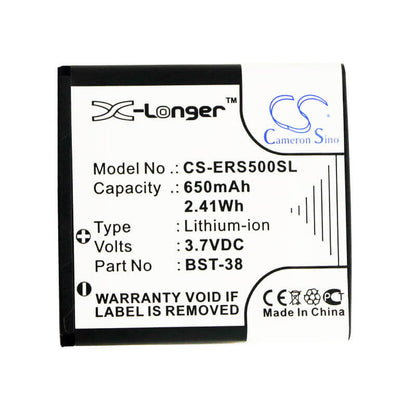 3.7V, 650mAh, Li-ion Battery fits Sony Ericsson, C510, C902, 2.405Wh