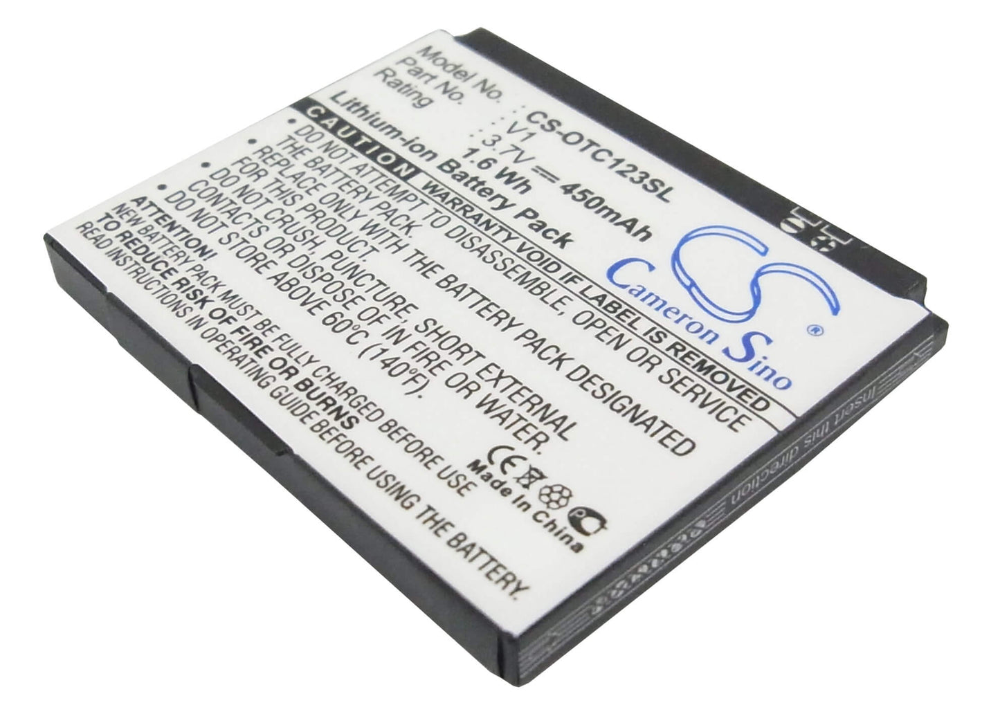 3.7V, 450mAh, Li-ion Battery fits Alcatel, Ot-c123, Ot-c123a, 1.665Wh