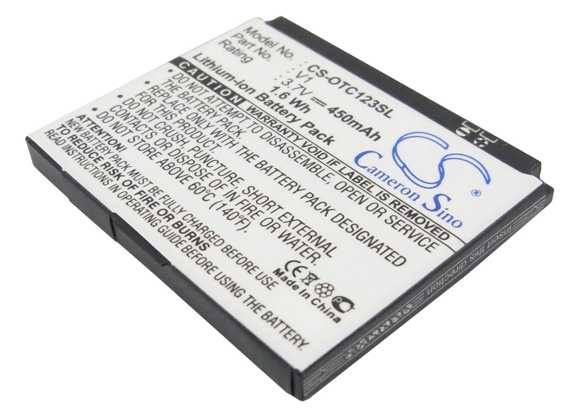 3.7V, 450mAh, Li-ion Battery fits Alcatel, Ot-c123, Ot-c123a, 1.665Wh