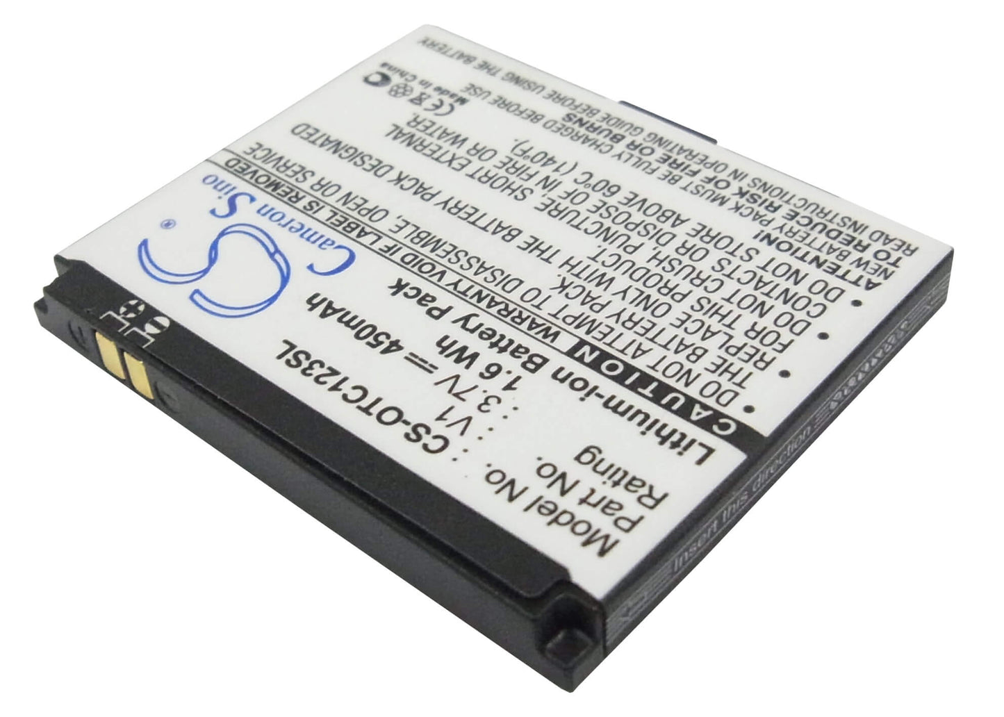 3.7V, 450mAh, Li-ion Battery fits Alcatel, Ot-c123, Ot-c123a, 1.665Wh