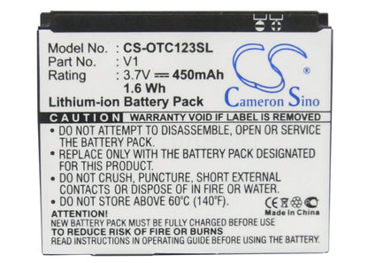 3.7V, 450mAh, Li-ion Battery fits Alcatel, Ot-c123, Ot-c123a, 1.665Wh