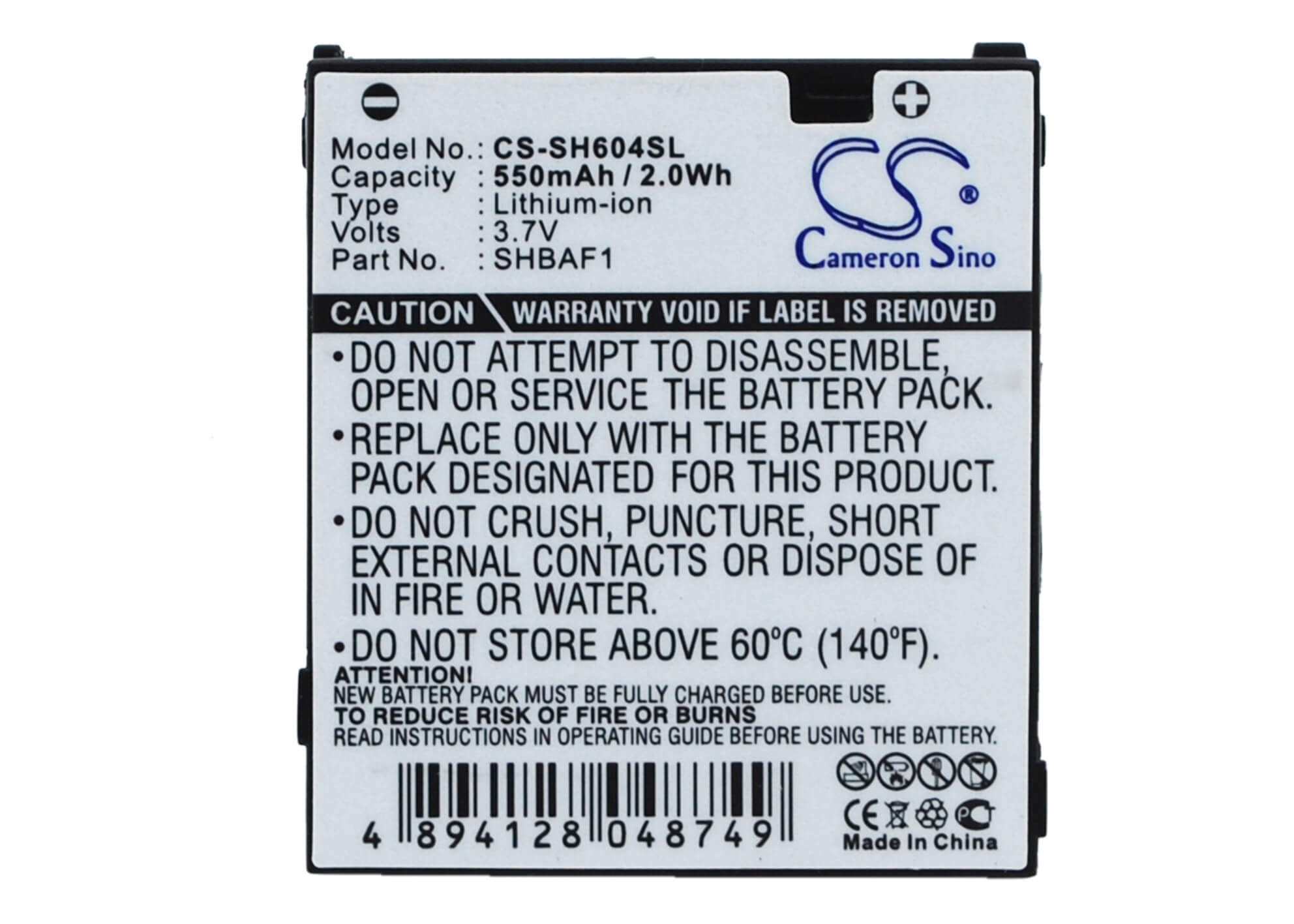3.7V, 550mAh, Li-ion Battery fits Sharp, V604sh, 2.035Wh
