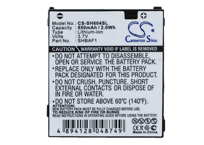 3.7V, 550mAh, Li-ion Battery fits Sharp, V604sh, 2.035Wh