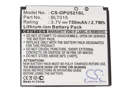 3.7V, 750mAh, Li-ion Battery fits Oppo, U521, 2.775Wh