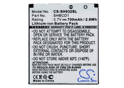 3.7V, 700mAh, Li-ion Battery fits Sharp, 932sh, 2.59Wh