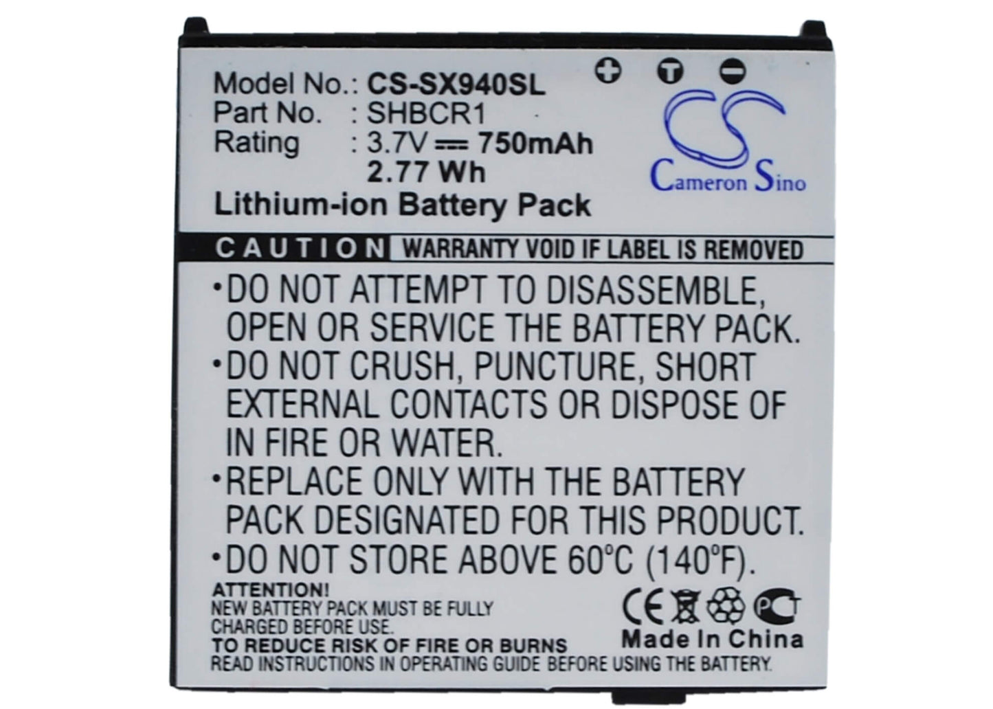 3.7V, 750mAh, Li-ion Battery fits Sharp, 940sh, 942sh, 2.775Wh