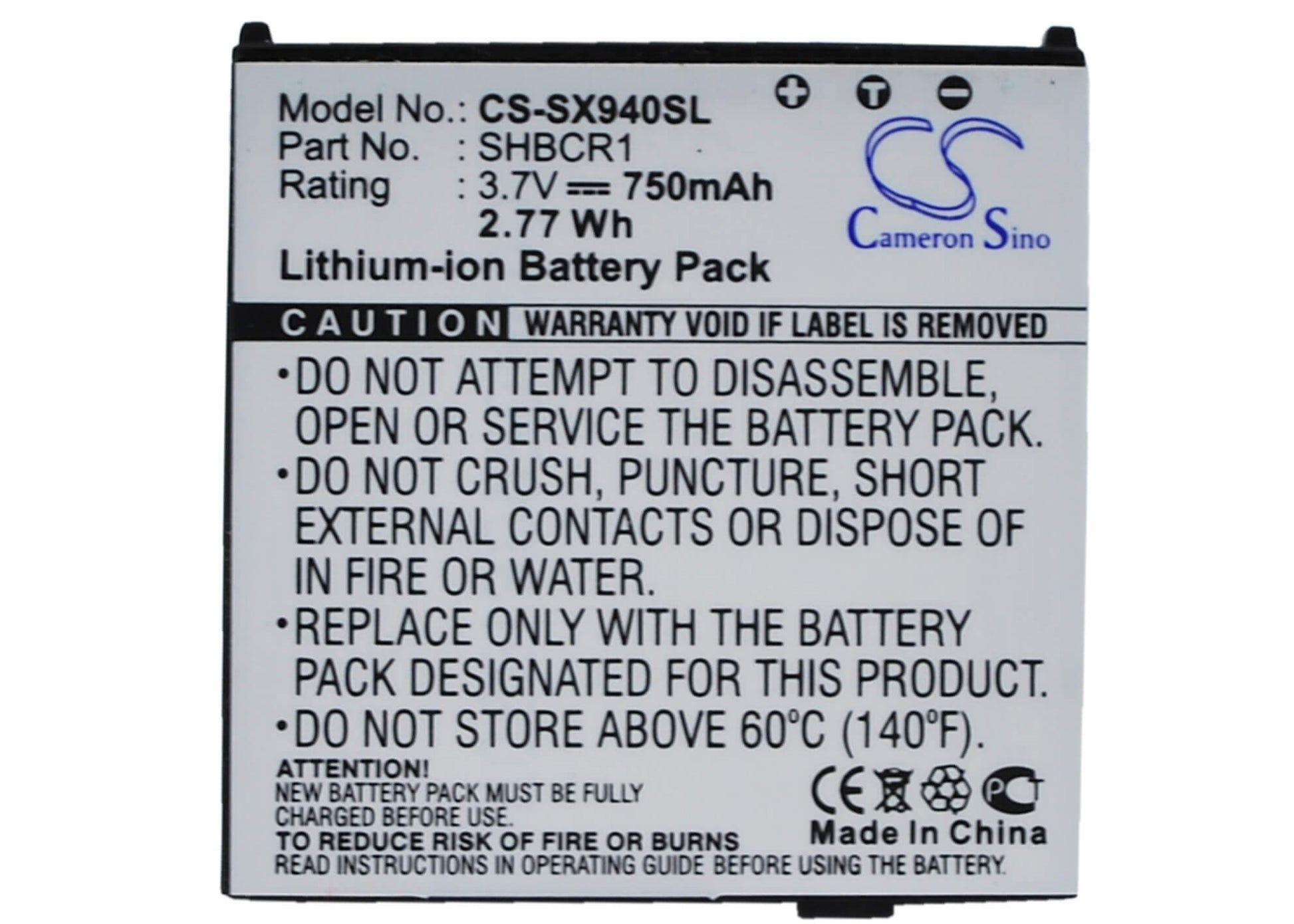 3.7V, 750mAh, Li-ion Battery fits Sharp, 940sh, 942sh, 2.775Wh