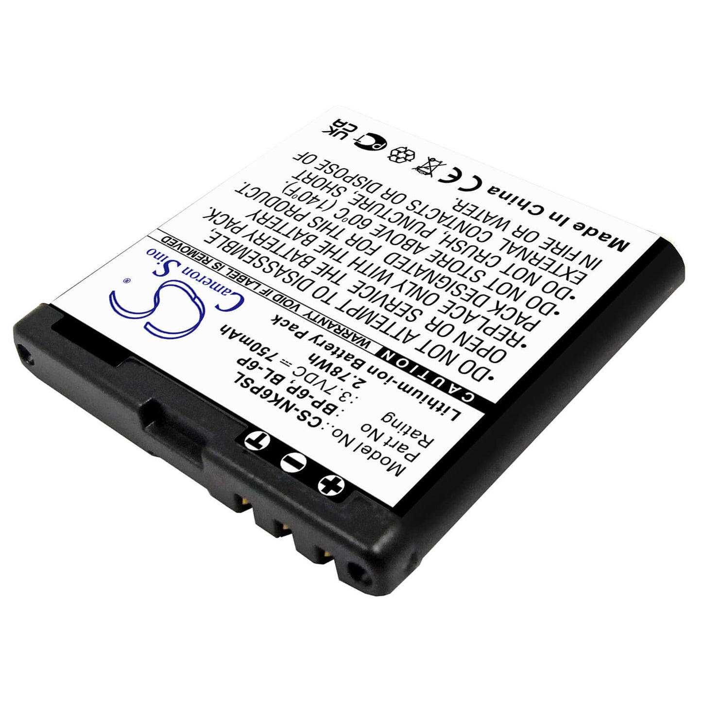 3.7V, 750mAh, Li-ion Battery fits Nokia, 6500, 6500 Classic, 2.775Wh