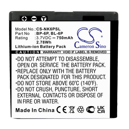 3.7V, 750mAh, Li-ion Battery fits Nokia, 6500, 6500 Classic, 2.775Wh