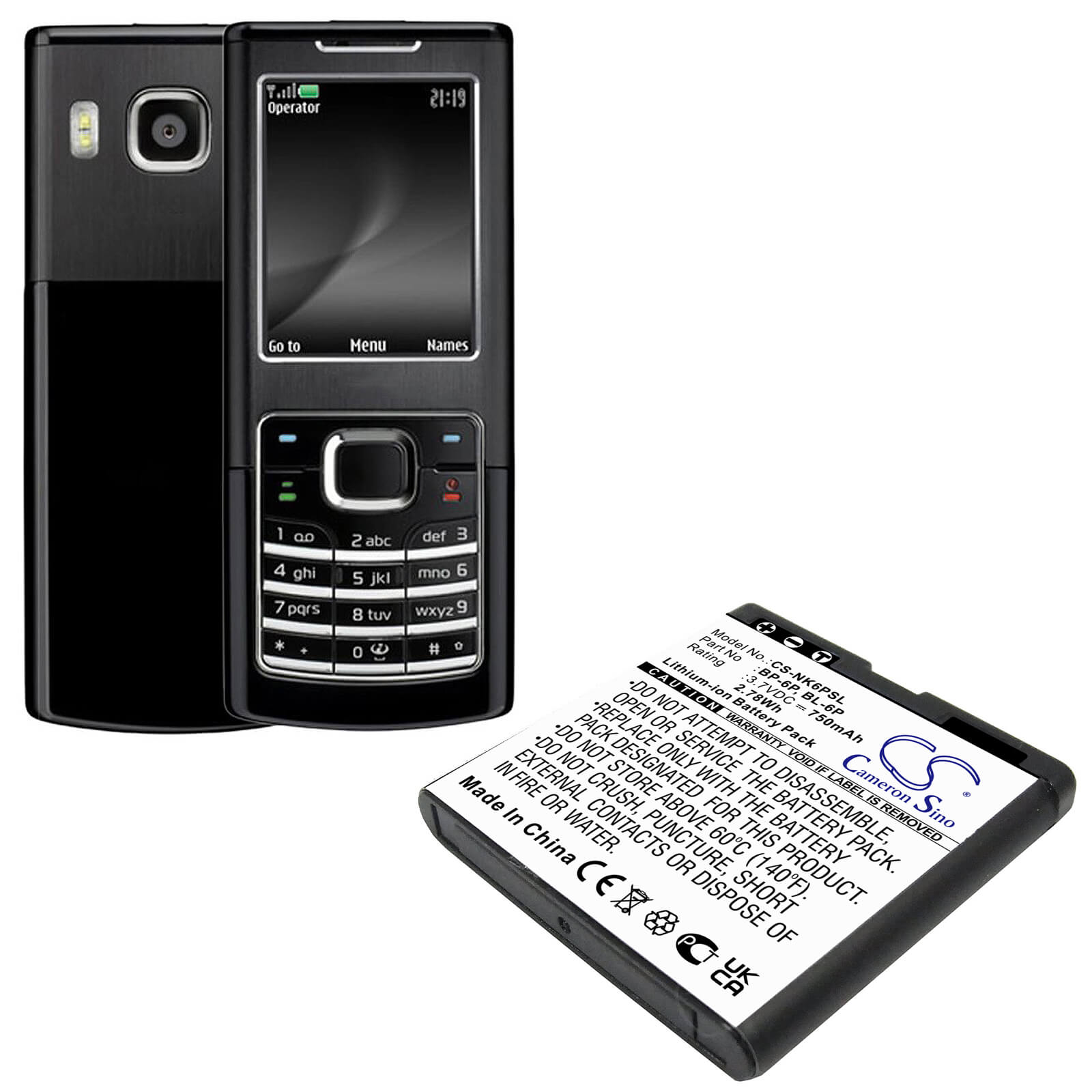 3.7V, 750mAh, Li-ion Battery fits Nokia, 6500, 6500 Classic, 2.775Wh