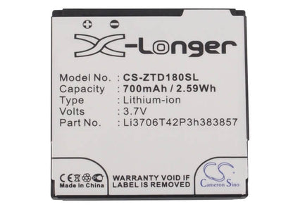 3.7V, 700mAh, Li-ion Battery fits Zte, A34, A39, 2.59Wh