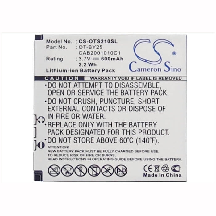3.7V, 600mAh, Li-ion Battery fits Alcatel, One Touch 111, One Touch S120, 2.22Wh