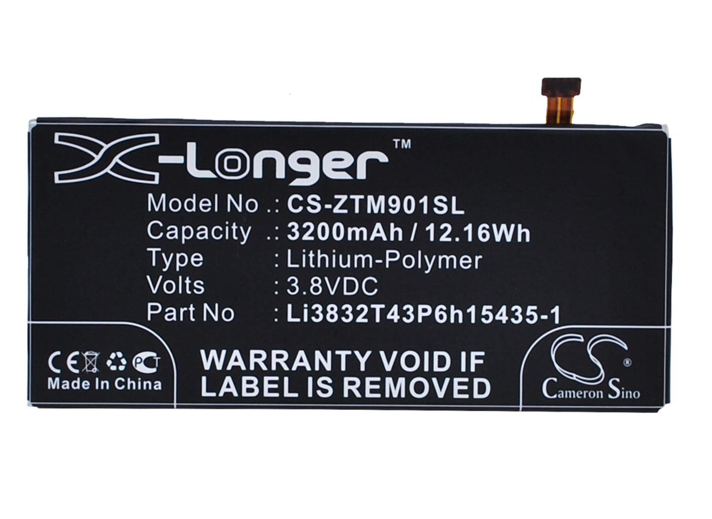 3.8V, 3200mAh, Li-Polymer Battery fits Zte, Grand M901c, Grand M901q, 12.16Wh