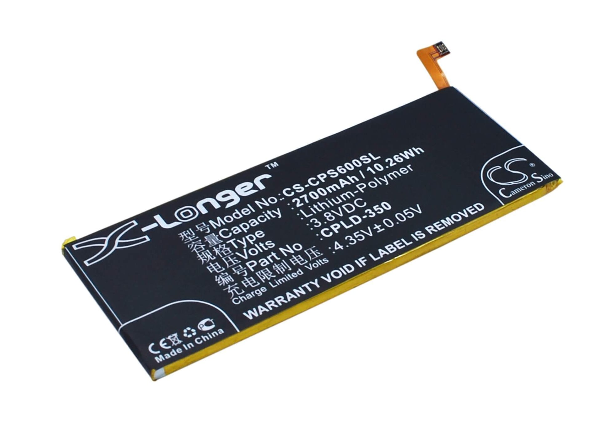 3.8V, 2700mAh, Li-Polymer Battery fits Coolpad, Ivvi S6, Ivvi S6-nt, 10.26Wh