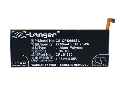 3.8V, 2700mAh, Li-Polymer Battery fits Coolpad, Ivvi S6, Ivvi S6-nt, 10.26Wh