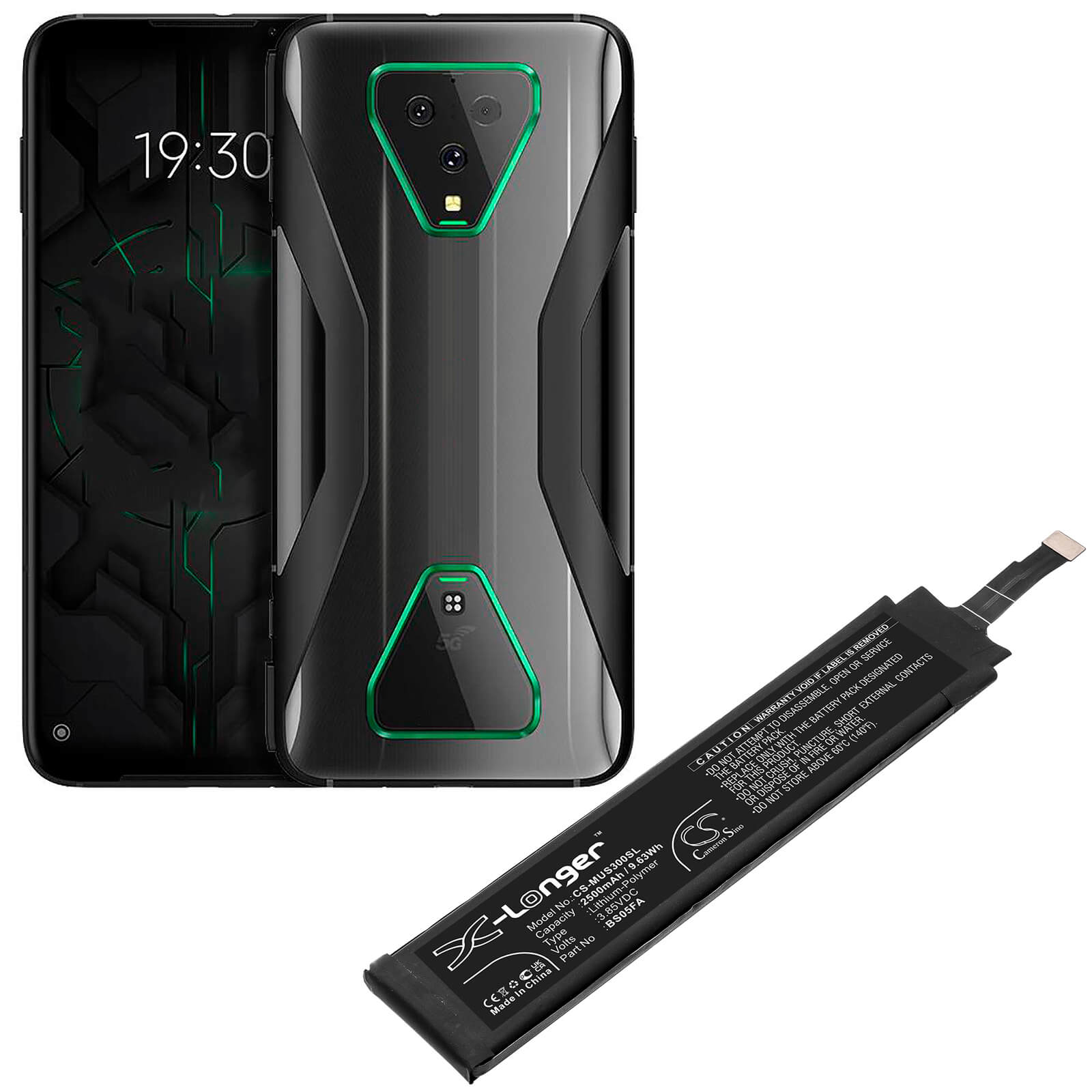 3.85V, 2500mAh, Li-Polymer Battery fits Xiaomi, Black Shark 3 Pro, Black Shark 3 Pro 5g, 9.625Wh