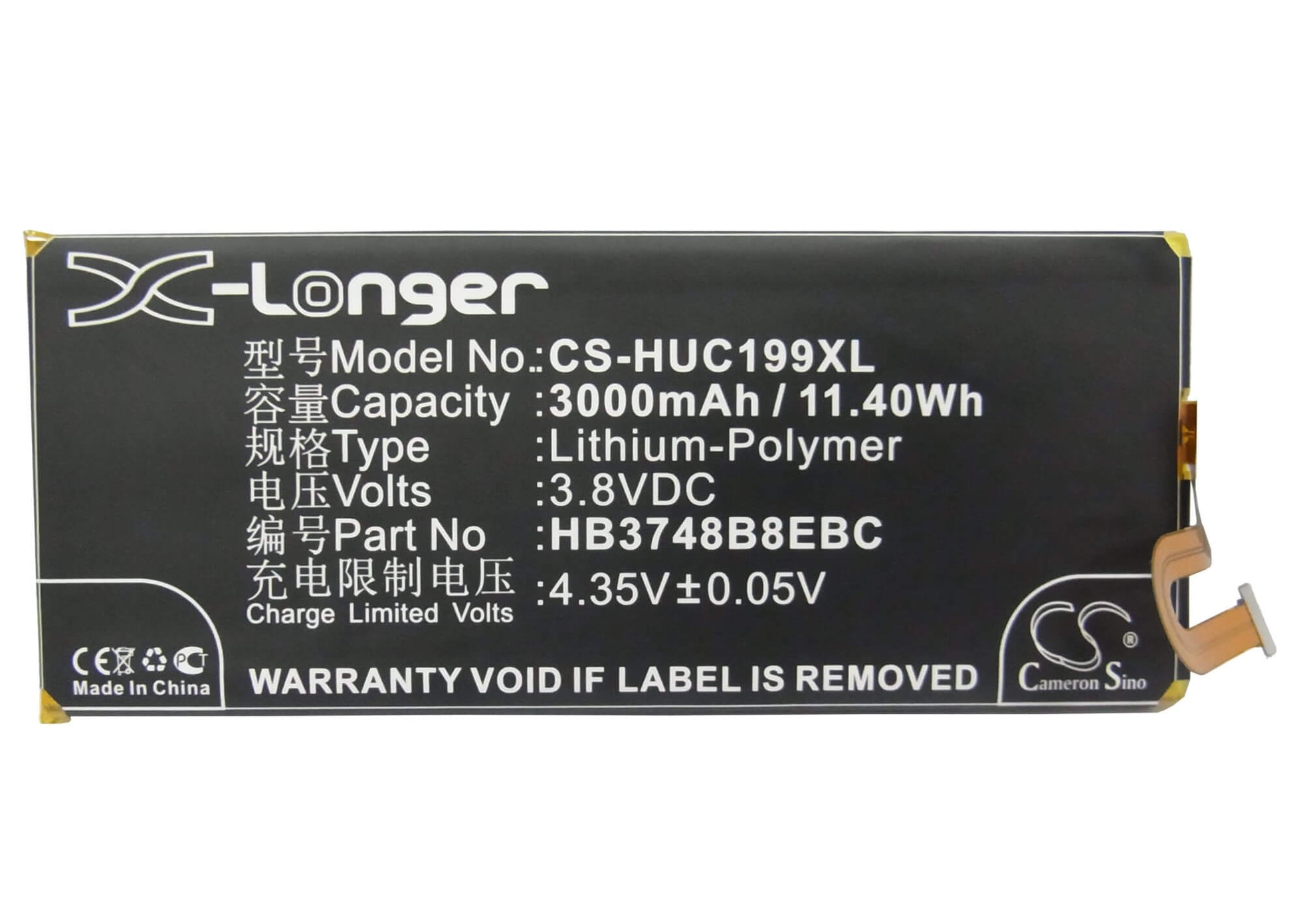 3.8V, 3000mAh, Li-Polymer Battery fits Huawei, Ascend G7, Ascend G7 Plus, 11.4Wh
