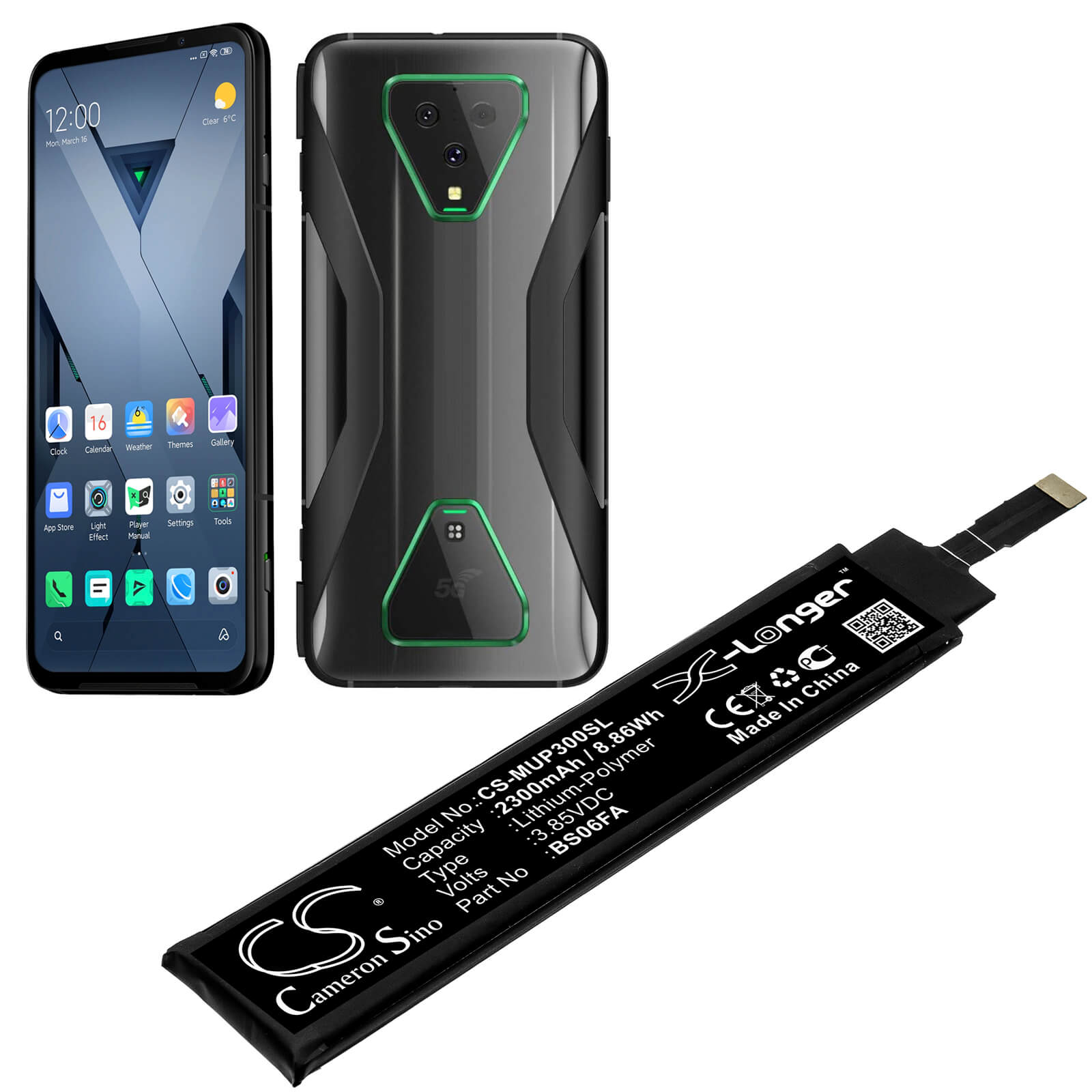 3.85V, 2300mAh, Li-Polymer Battery fits Xiaomi, Black Shark 3, Black Shark 3 5g, 8.855Wh