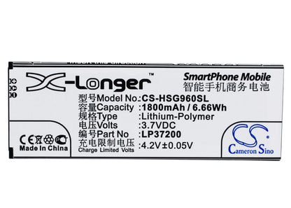 3.7V, 1800mAh, Li-Polymer Battery fits Hisense, Hs-g960, Hs-t960, 6.66Wh