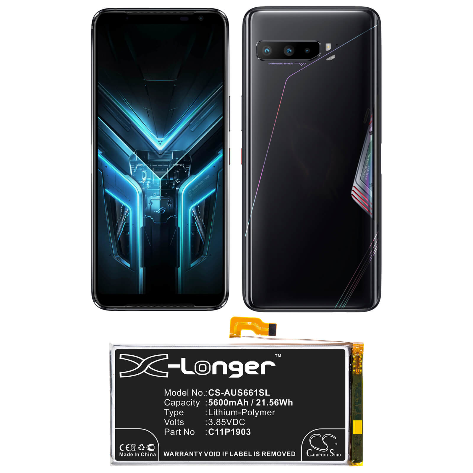 3.85V, 5600mAh, Li-Polymer Battery fits Asus, Rog Phone 3, Rog Phone Iii, 21.56Wh