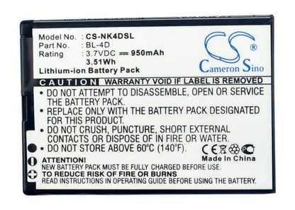 3.7V, 950mAh, Li-ion Battery fits Nokia, E5, E5-00, 3.515Wh