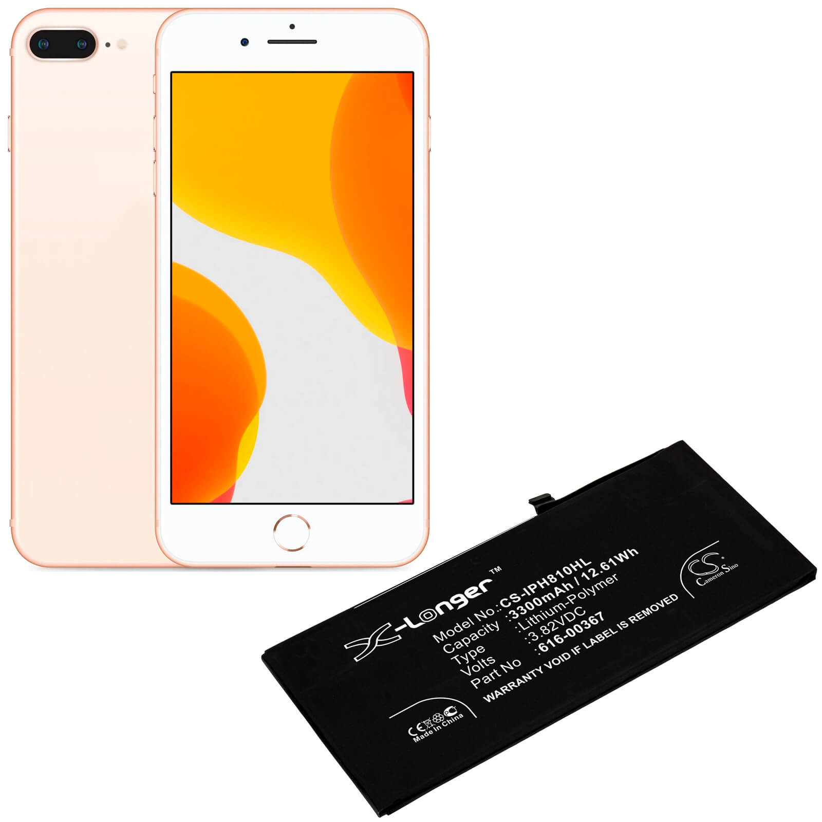 3.82V, 3300mAh, Li-Polymer Battery fits Apple, A1864, Iphone 8 Plus, 12.606Wh