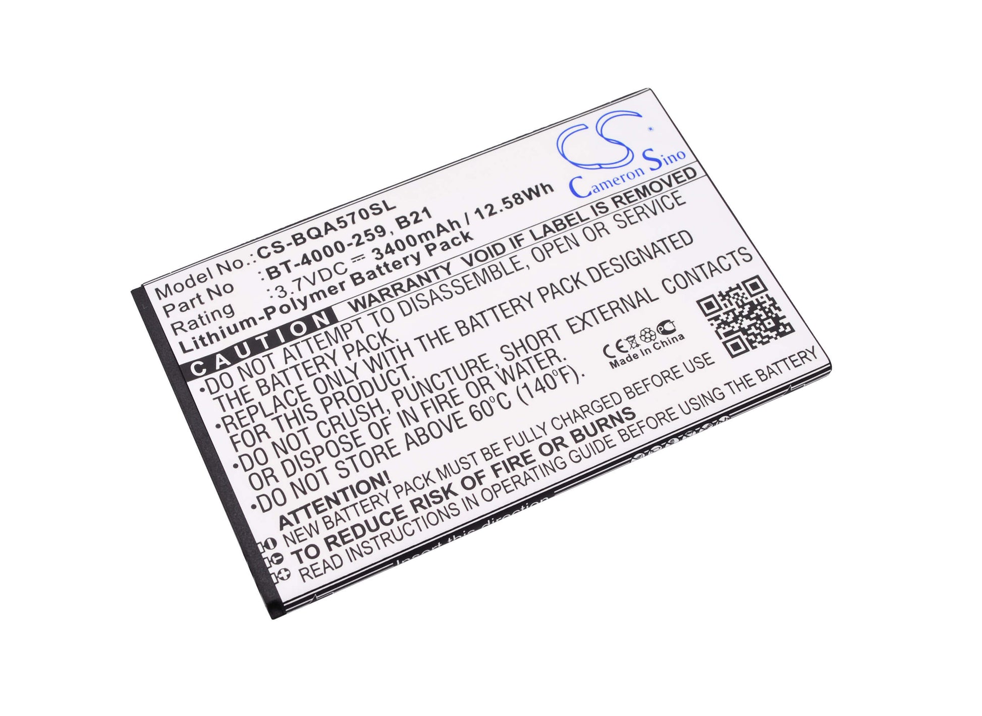 3.7V, 3400mAh, Li-Polymer Battery fits Bq, Aquaris 5.7, 12.58Wh