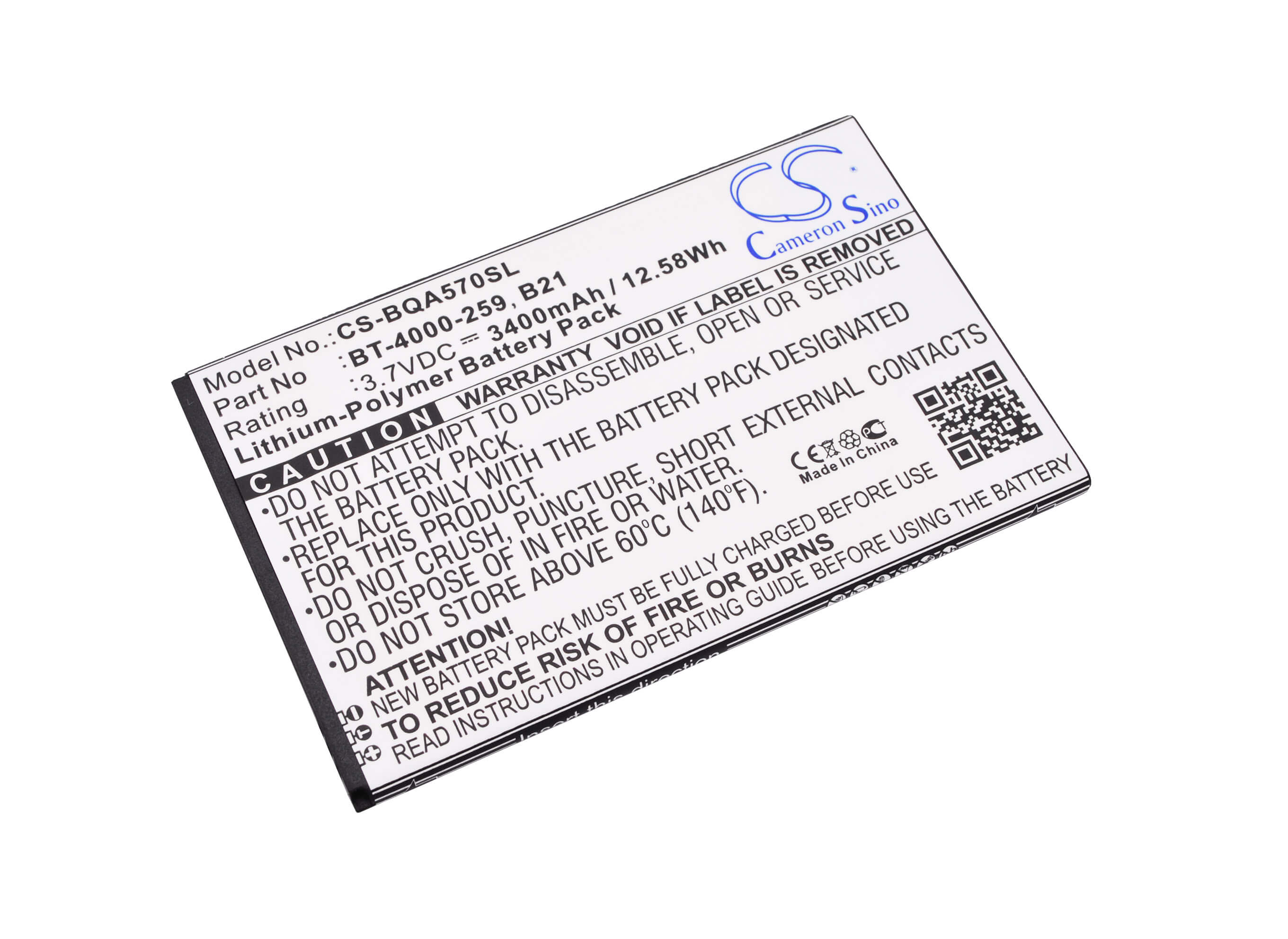 3.7V, 3400mAh, Li-Polymer Battery fits Bq, Aquaris 5.7, 12.58Wh